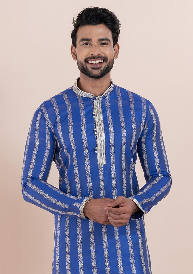 Blue Solid Silk Kurta Set For Men