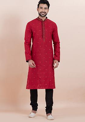 Maroon Solid Silk Kurta Set For Men