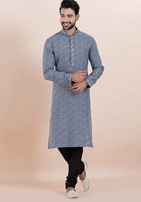 Grey Solid Silk Kurta Set For Men