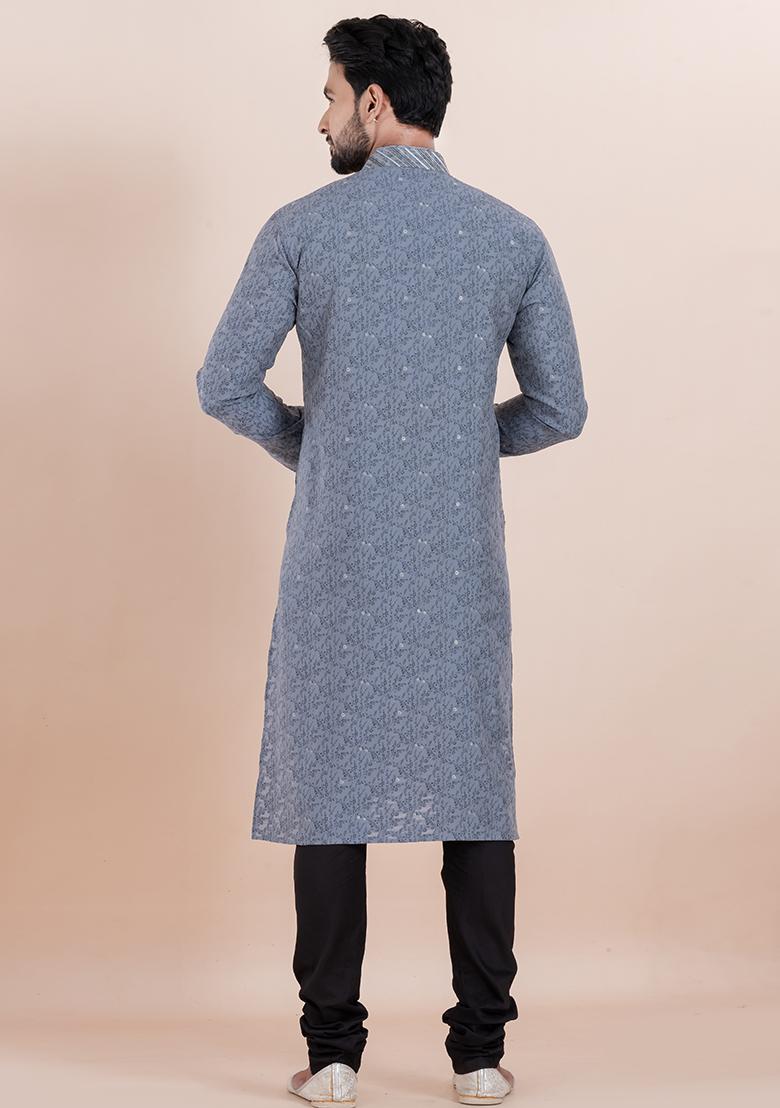 Grey Solid Silk Kurta Set For Men