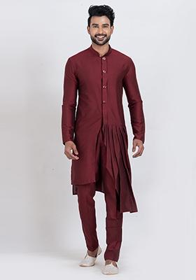 Maroon Solid Viscose Kurta Set For Men