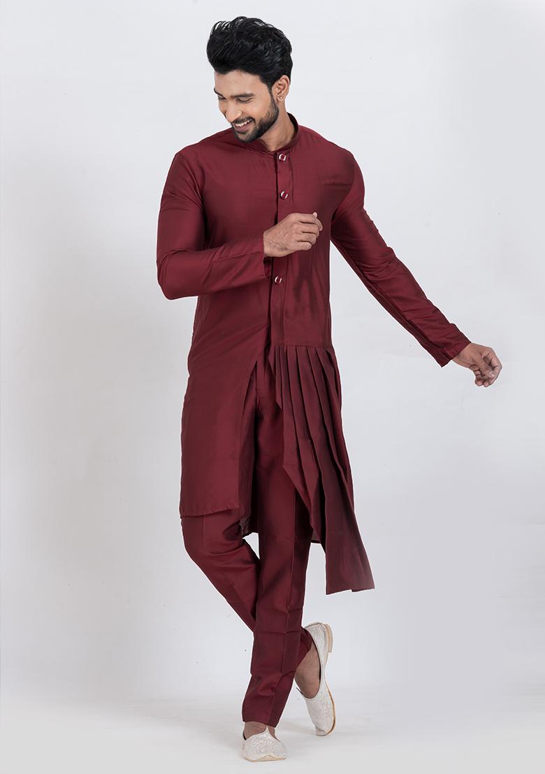 Maroon Solid Viscose Kurta Set For Men