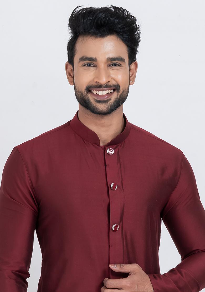 Maroon Solid Viscose Kurta Set For Men