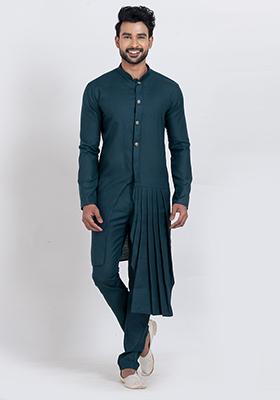 Blue Solid Viscose Kurta Set For Men