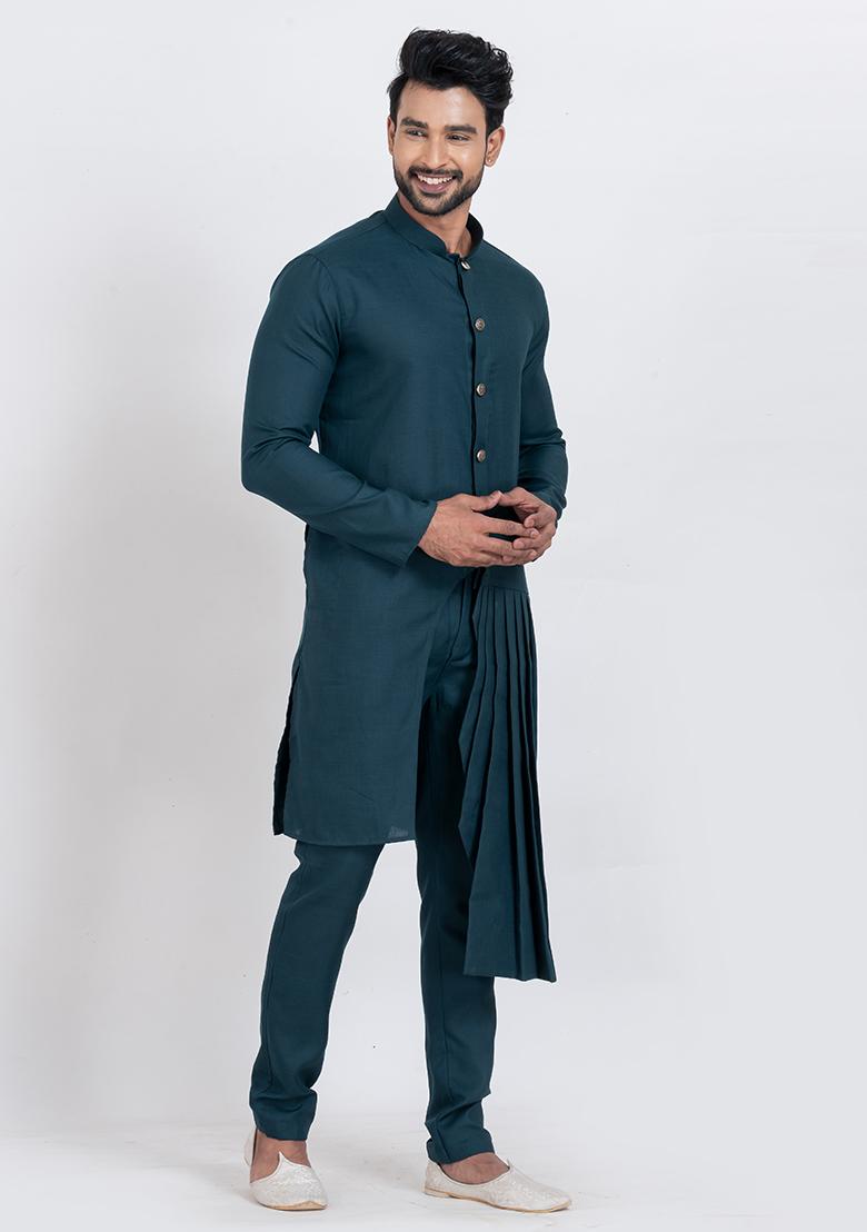 Blue Solid Viscose Kurta Set For Men