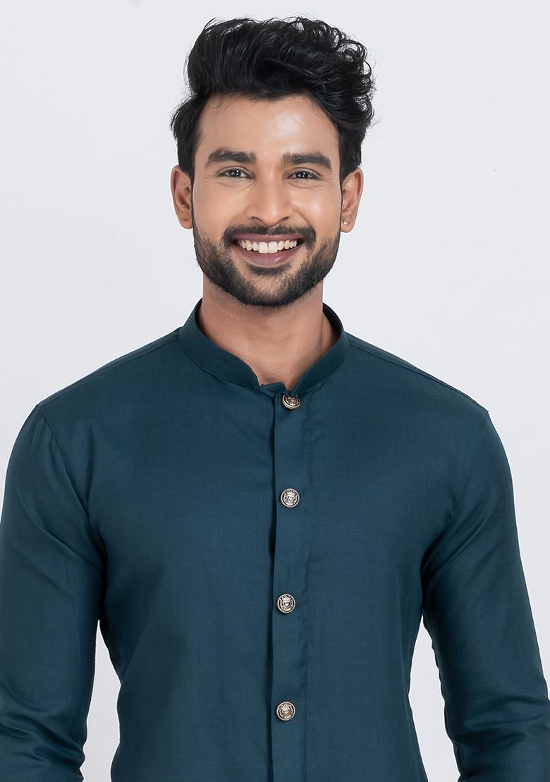 Blue Solid Viscose Kurta Set For Men