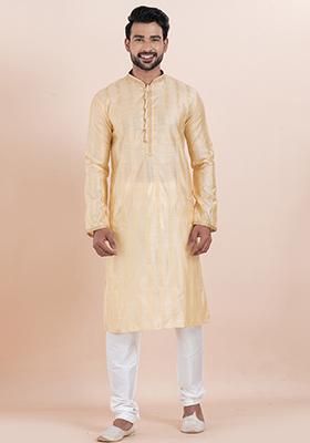 Golden Solid Silk Kurta Set For Men