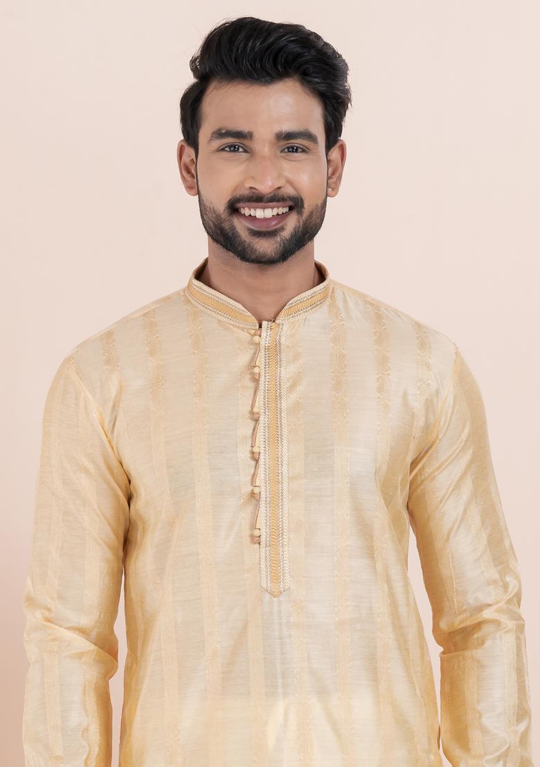 Golden Solid Silk Kurta Set For Men