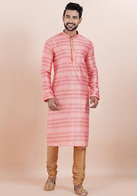Pink Solid Silk Kurta Set For Men