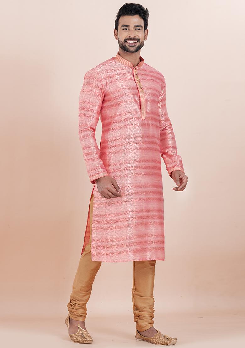 Pink Solid Silk Kurta Set For Men