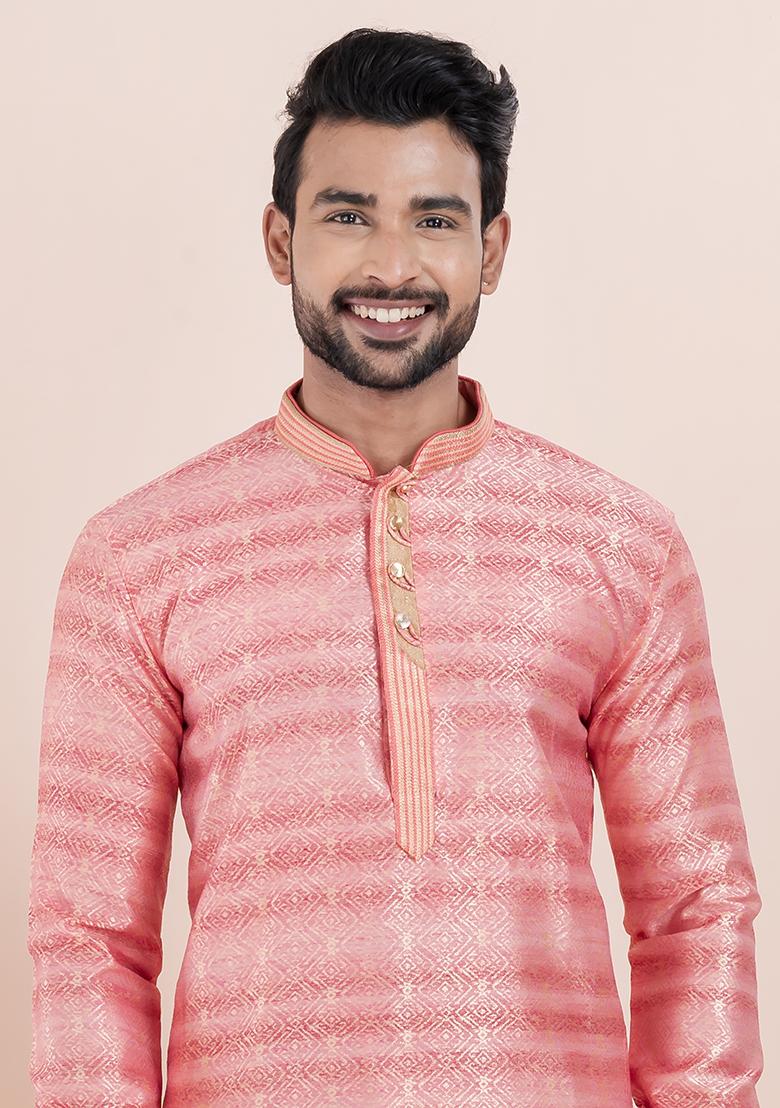 Pink Solid Silk Kurta Set For Men