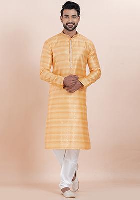 Orange Solid Silk Kurta Set For Men