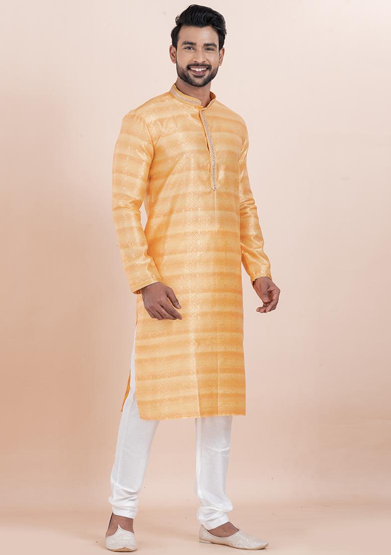 Orange Solid Silk Kurta Set For Men