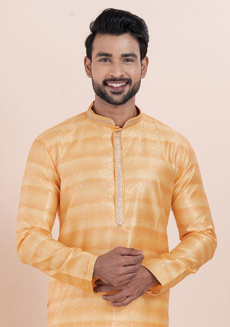 Orange Solid Silk Kurta Set For Men