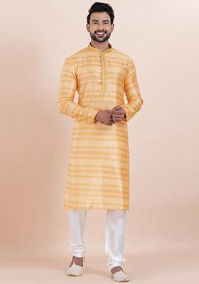 Orange Solid Silk Kurta Set For Men