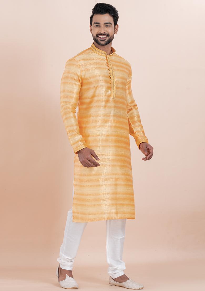 Orange Solid Silk Kurta Set For Men