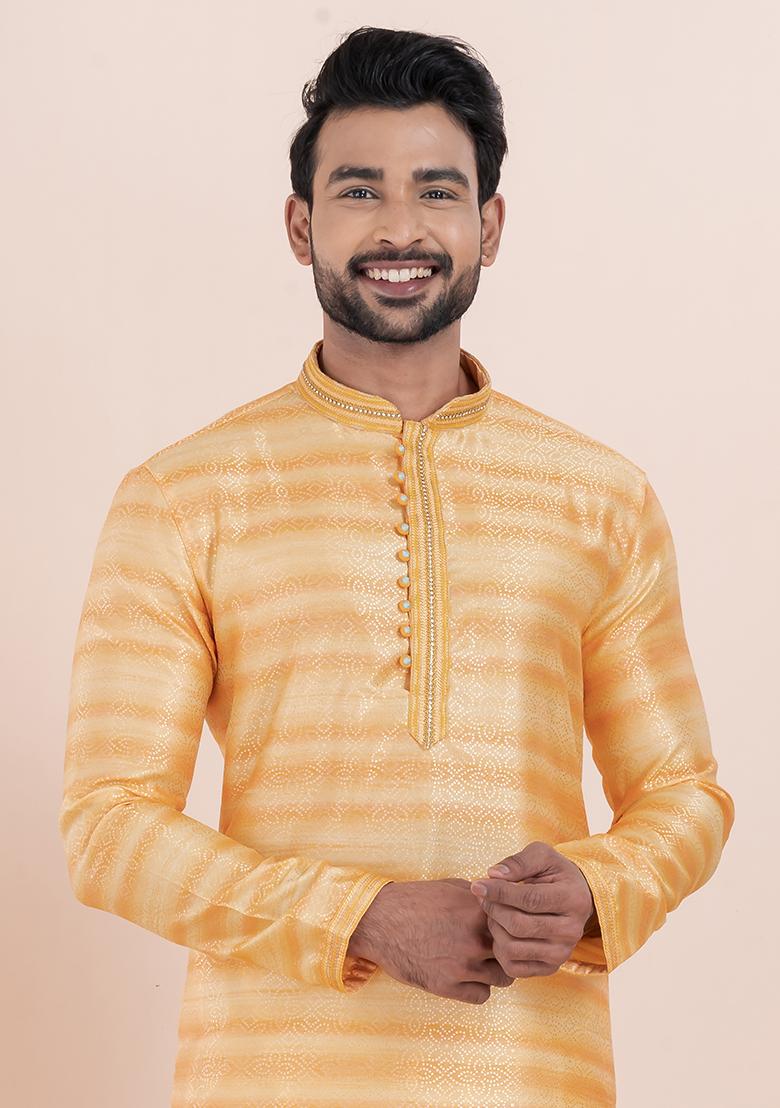 Orange Solid Silk Kurta Set For Men