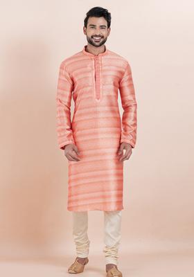 Pink Solid Silk Kurta Set For Men