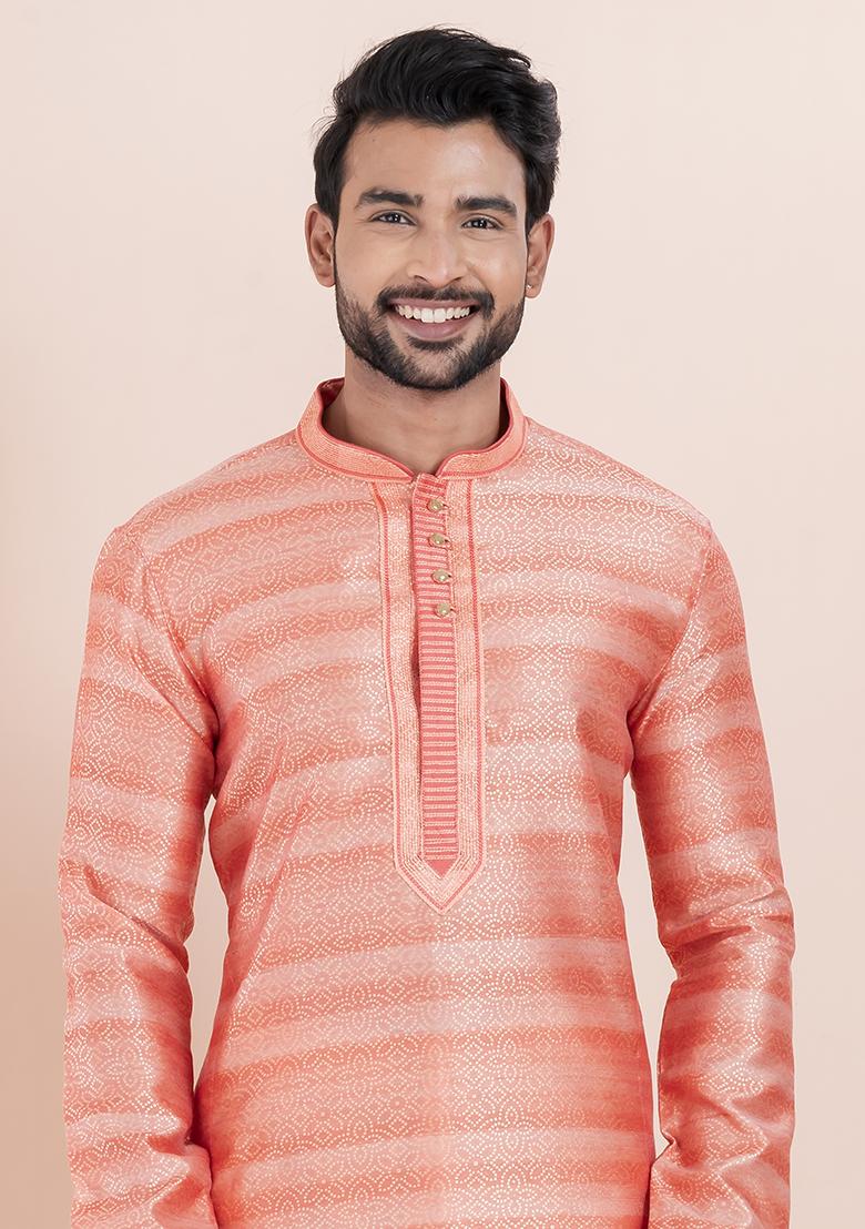 Pink Solid Silk Kurta Set For Men