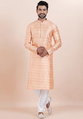 Pink Solid Silk Kurta Set For Men