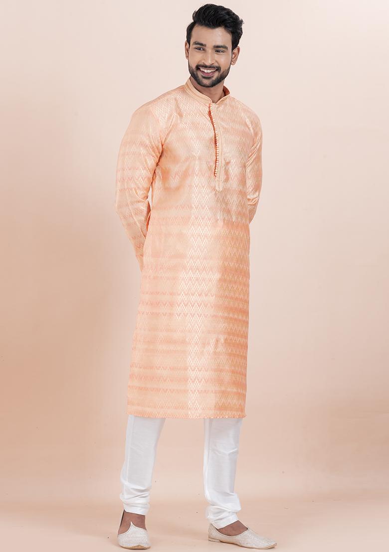 Pink Solid Silk Kurta Set For Men