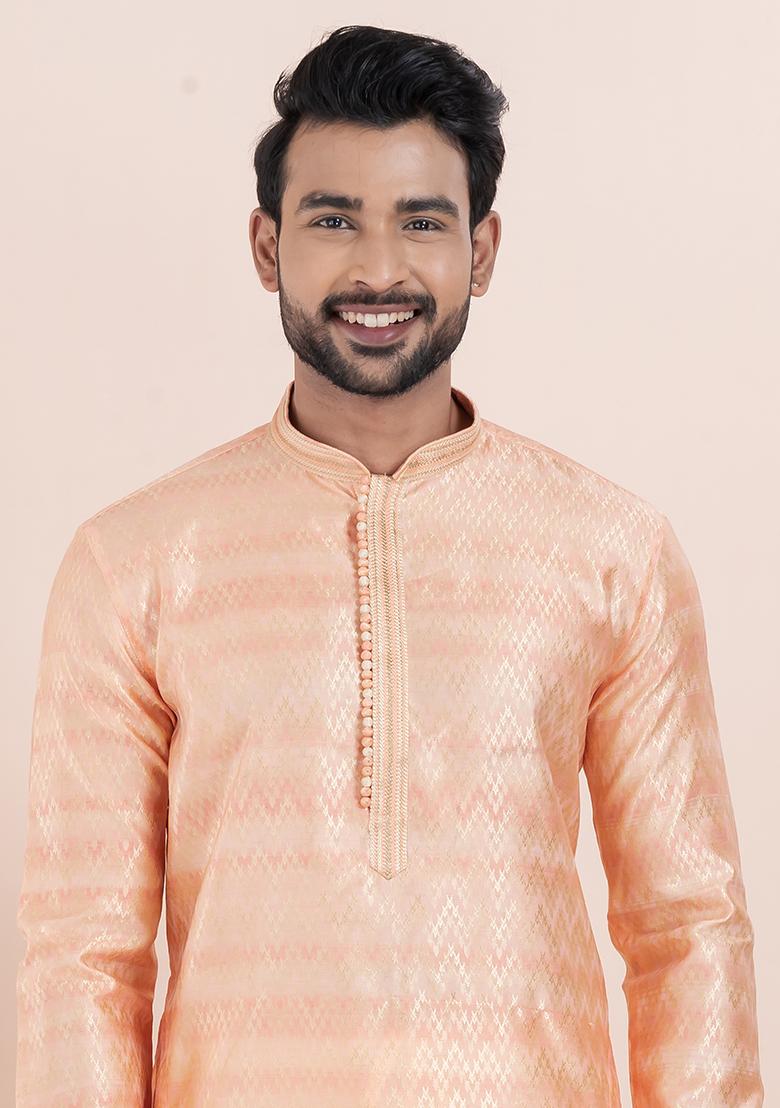 Pink Solid Silk Kurta Set For Men