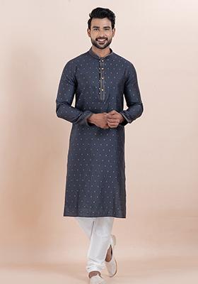 Navy Blue Solid Silk Kurta Set For Men
