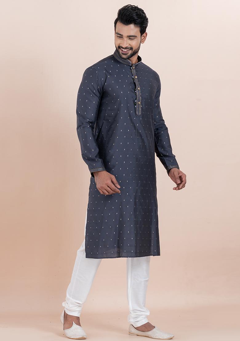 Navy Blue Solid Silk Kurta Set For Men