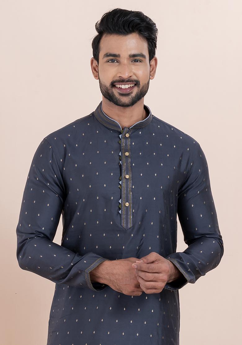 Navy Blue Solid Silk Kurta Set For Men