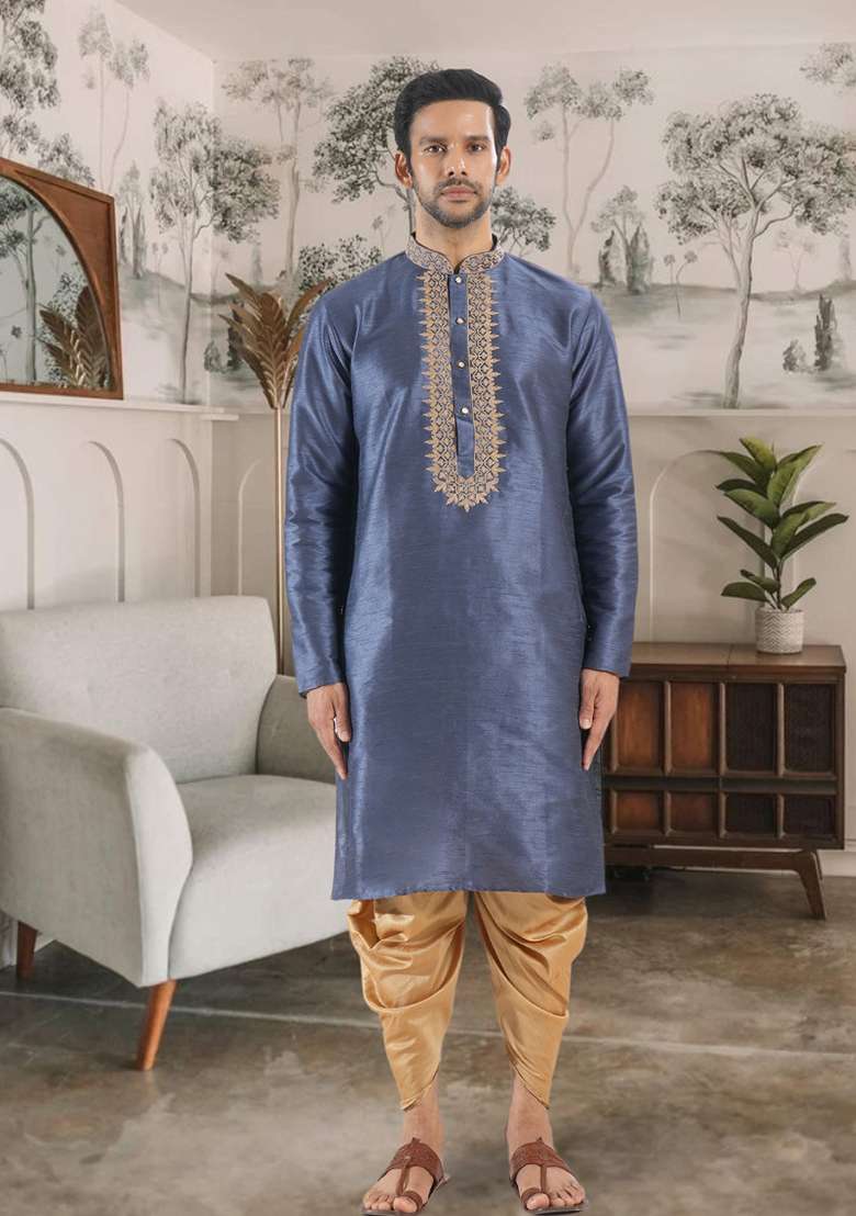 Slate Blue Embroidered Silk Blend Kurta Set For Men - Indya