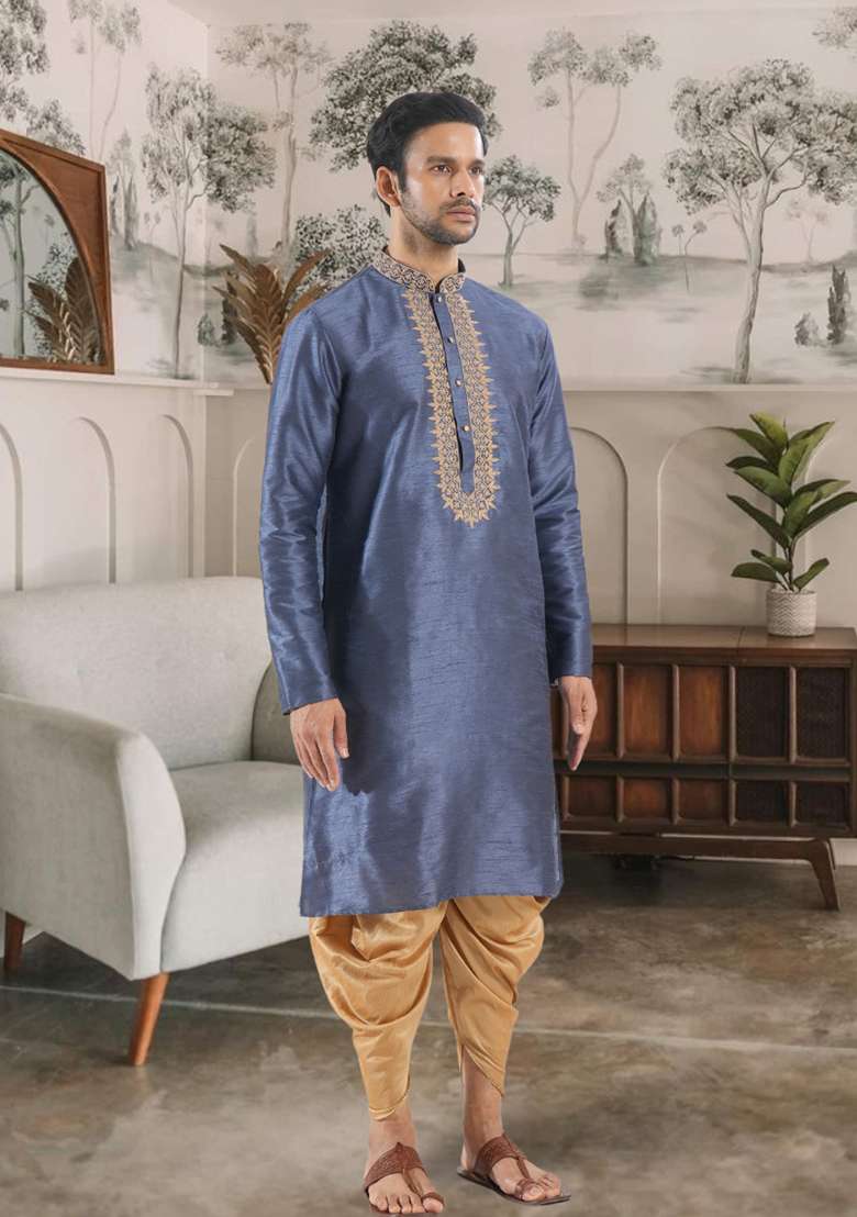 Slate Blue Embroidered Silk Blend Kurta Set For Men - Indya