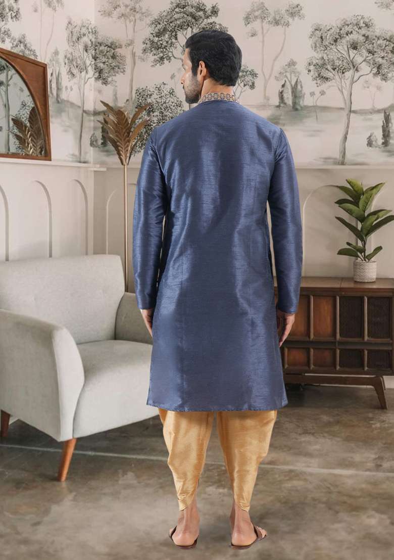 Slate Blue Embroidered Silk Blend Kurta Set For Men - Indya