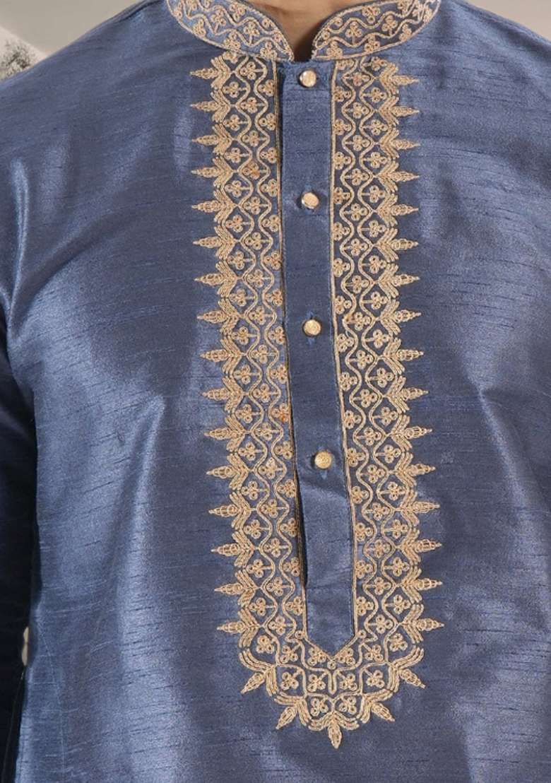 Slate Blue Embroidered Silk Blend Kurta Set For Men - Indya