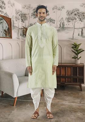 Pista Green Embroidered Silk Kurta Set For Men