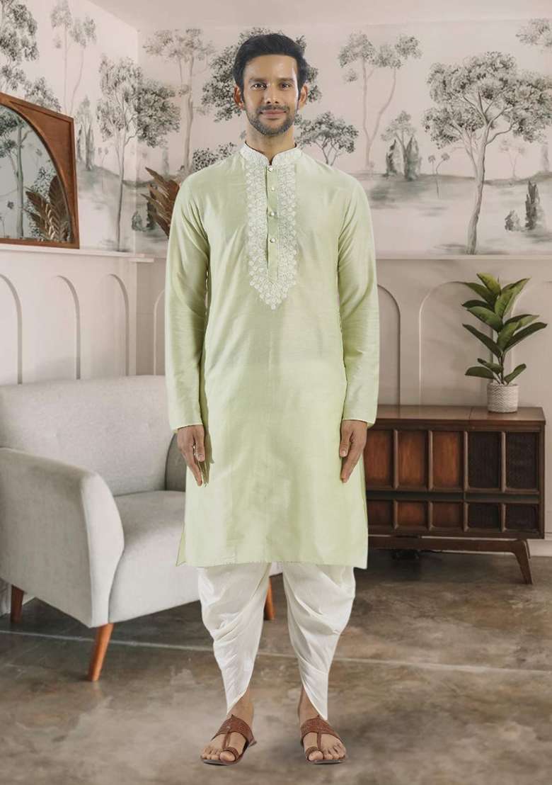 Pista Green Embroidered Silk Blend Kurta Set For Men - Indya