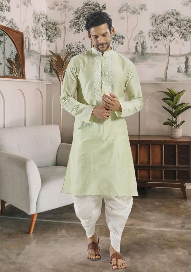 Pista Green Embroidered Silk Blend Kurta Set For Men - Indya