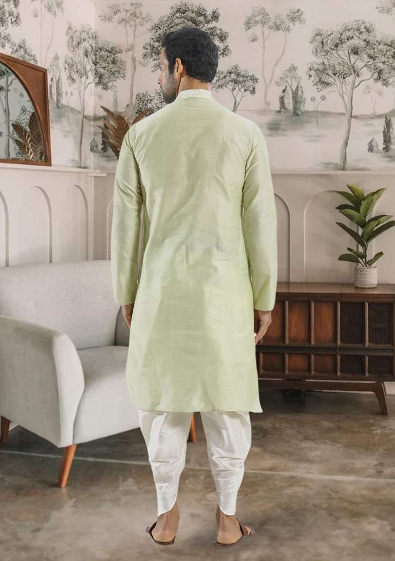 Pista Green Embroidered Silk Blend Kurta Set For Men - Indya