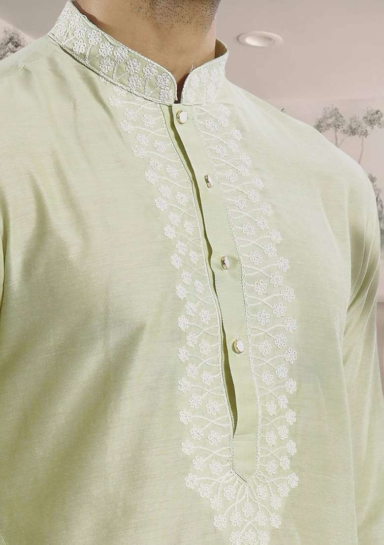 Pista Green Embroidered Silk Blend Kurta Set For Men - Indya