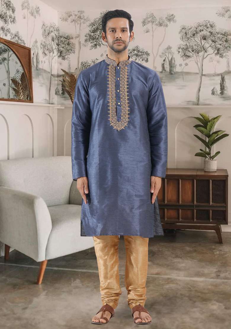 Slate Blue Embroidered Silk Blend Kurta Set For Men - Indya