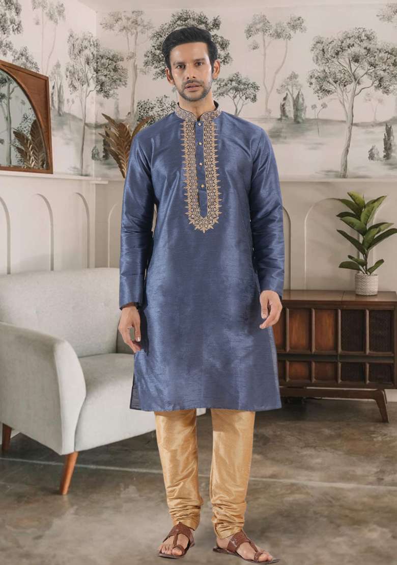 Slate Blue Embroidered Silk Blend Kurta Set For Men - Indya