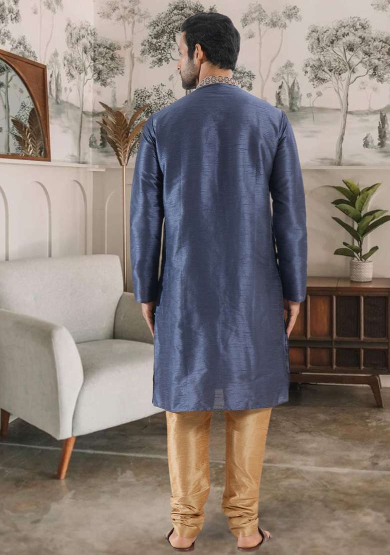 Slate Blue Embroidered Silk Blend Kurta Set For Men - Indya