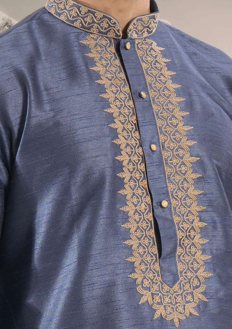 Slate Blue Embroidered Silk Blend Kurta Set For Men - Indya