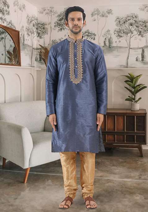 Slate Blue Embroidered Silk Blend Kurta Set For Men