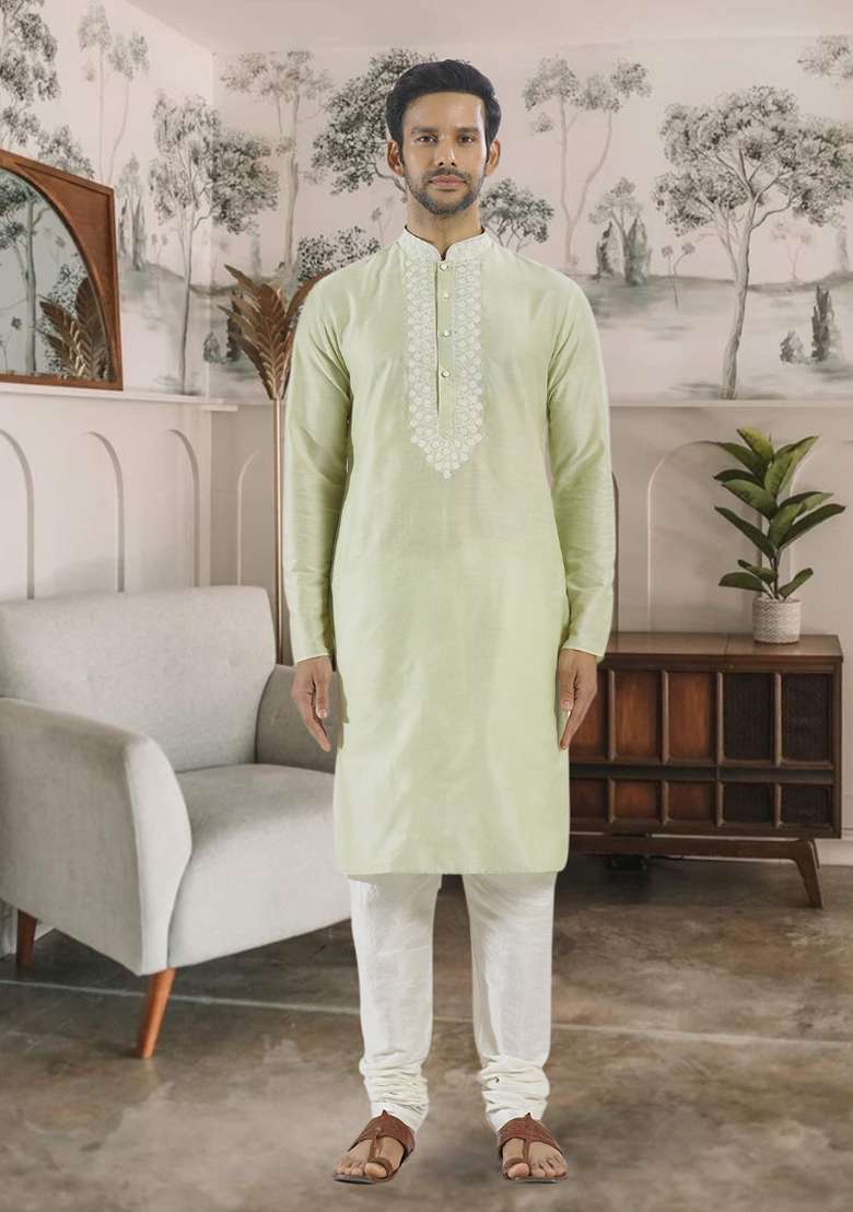 Pista Green Embroidered Silk Blend Kurta Set For Men - Indya