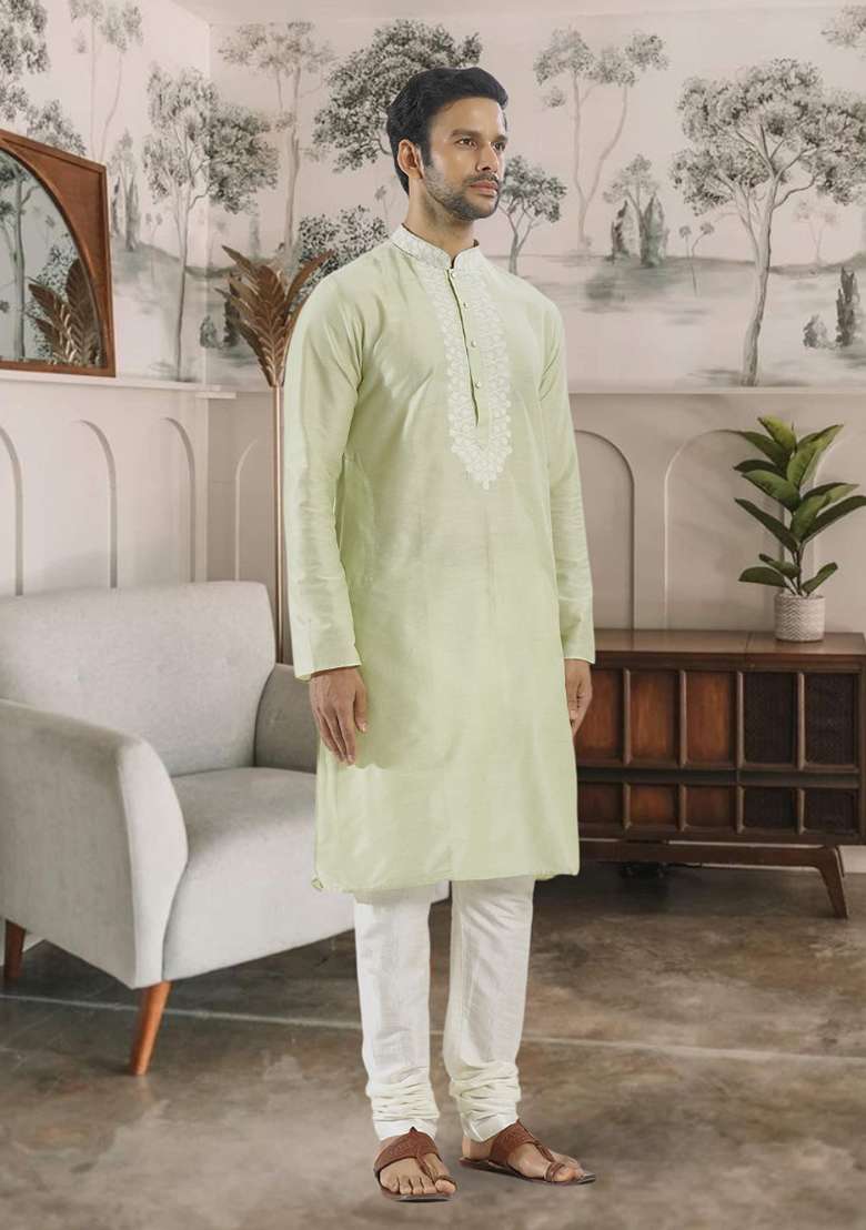 Pista Green Embroidered Silk Blend Kurta Set For Men - Indya