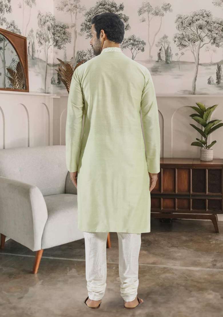 Pista Green Embroidered Silk Blend Kurta Set For Men - Indya