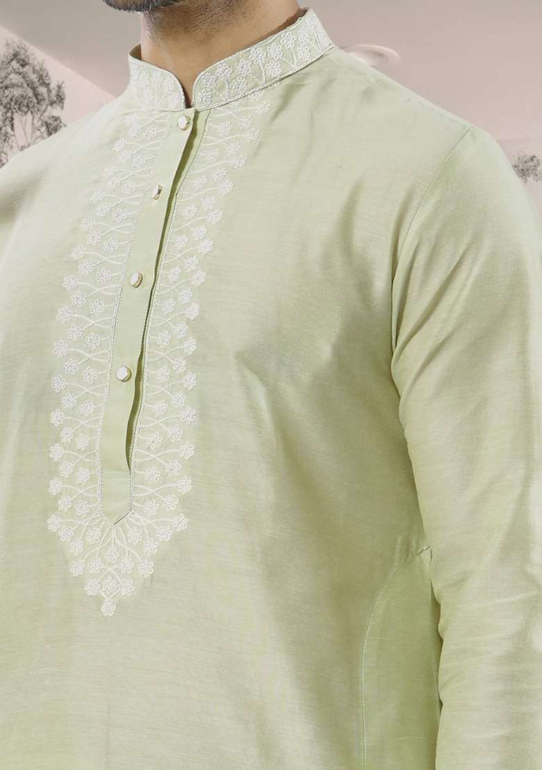 Pista Green Embroidered Silk Blend Kurta Set For Men - Indya