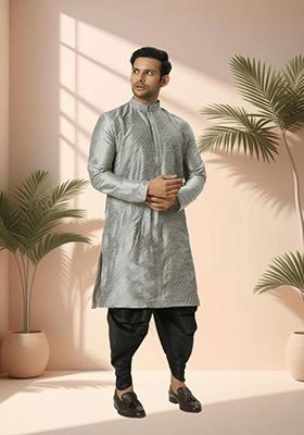 Grey Embroidered Silk Blend Kurta Set For Men