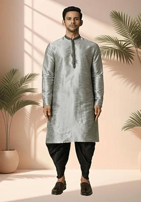 Grey Embroidered Silk Blend Kurta Set For Men