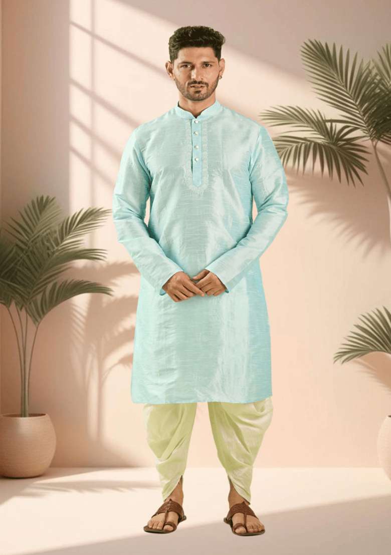 Sky Blue Embroidered Silk Blend Kurta Set For Men - Indya